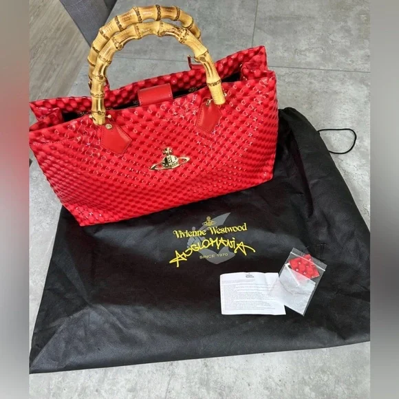 Rare Vivienne Westwood Red Quilted Patent Leather Tote with Bamboo Handles! - Picture 12 of 17